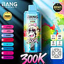 Bang Legend 300K 8 in 1 disposable vape in Passion Fruit Mango, Peach Pineapple, Blueberry Raspberry, and Watermelon Ice flavors with screen display, mesh coil, 850mAh battery, and Type-C rechargeable design