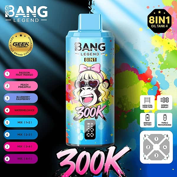 Bang Legend 300K 8 in 1 disposable vape in Passion Fruit Mango, Peach Pineapple, Blueberry Raspberry, and Watermelon Ice flavors with screen display, mesh coil, 850mAh battery, and Type-C rechargeable design