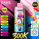 Bang Legend 300K 8 in 1 disposable vape in Summer Time, Mango Ice, Love 66, and Sour Mango Pineapple flavors with screen display, mesh coil, 850mAh battery, and Type-C rechargeable design
