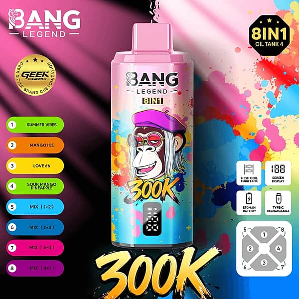 Bang Legend 300K 8 in 1 disposable vape in Summer Time, Mango Ice, Love 66, and Sour Mango Pineapple flavors with screen display, mesh coil, 850mAh battery, and Type-C rechargeable design