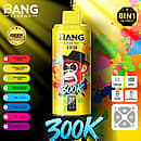 Bang Legend 300K 8 in 1 disposable vape in Watermelon Berry, Mango Peach Apricot, Strawberry Kiwi, and Peach Mango Watermelon flavors with screen display, mesh coil, 850mAh battery, and Type-C rechargeable design