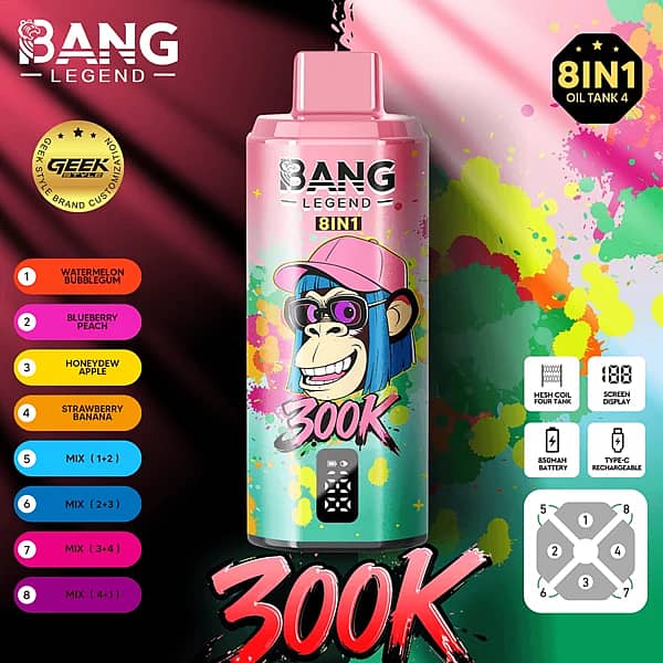 Bang Legend 300K 8 in 1 disposable vape in Watermelon Bubble Gum, Blueberry Peach, Honeydew Apple, and Strawberry Banana flavors with screen display, mesh coil, 850mAh battery, and Type-C rechargeable design