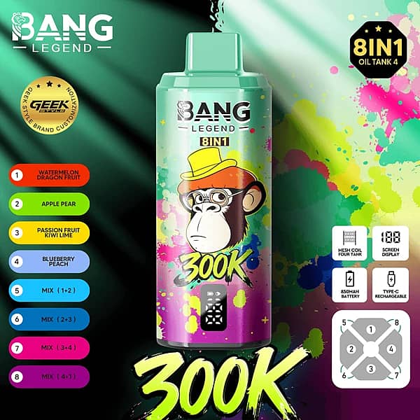 Bang Legend 300K 8 in 1 disposable vape in Watermelon Dragon Fruit, Apple Pear, Passion Fruit Kiwi Lime, and Blueberry Peach Ice flavors with screen display, mesh coil, 850mAh battery, and Type-C rechargeable design