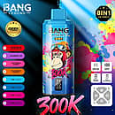 Bang Legend 300K 8 in 1 disposable vape in Watermelon Sour Peach, Blueberry Ice, California Cherry, and Strawberry Mango flavors with screen display, mesh coil, 850mAh battery, and Type-C rechargeable design