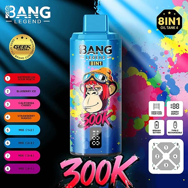 Bang Legend 300K 8 in 1 disposable vape in Watermelon Sour Peach, Blueberry Ice, California Cherry, and Strawberry Mango flavors with screen display, mesh coil, 850mAh battery, and Type-C rechargeable design