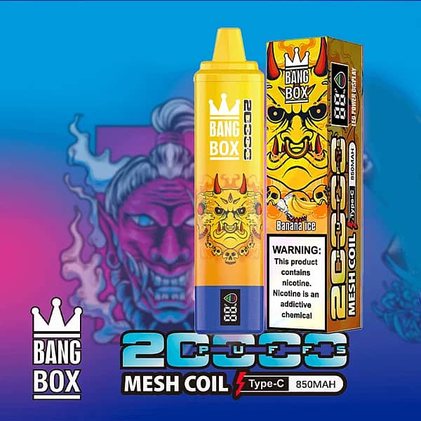 Bang Box 20K disposable vape in Banana Ice flavor with 20000 puffs, mesh coil, Type-C charging, and 850mAh battery