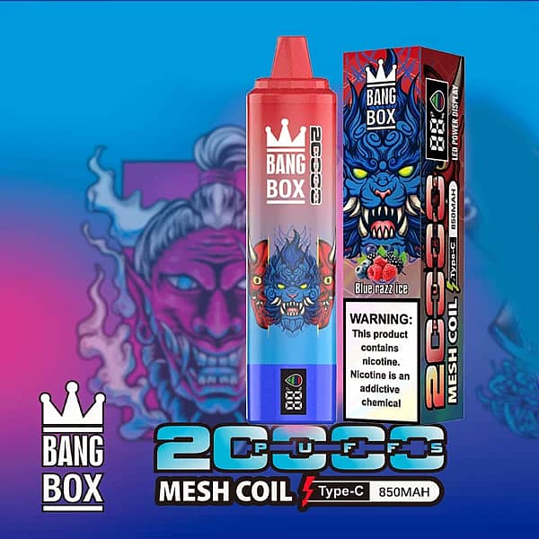 Bang Box 20K disposable vape in Blue Razz Ice flavor with 20000 puffs, mesh coil, Type-C charging, and 850mAh battery