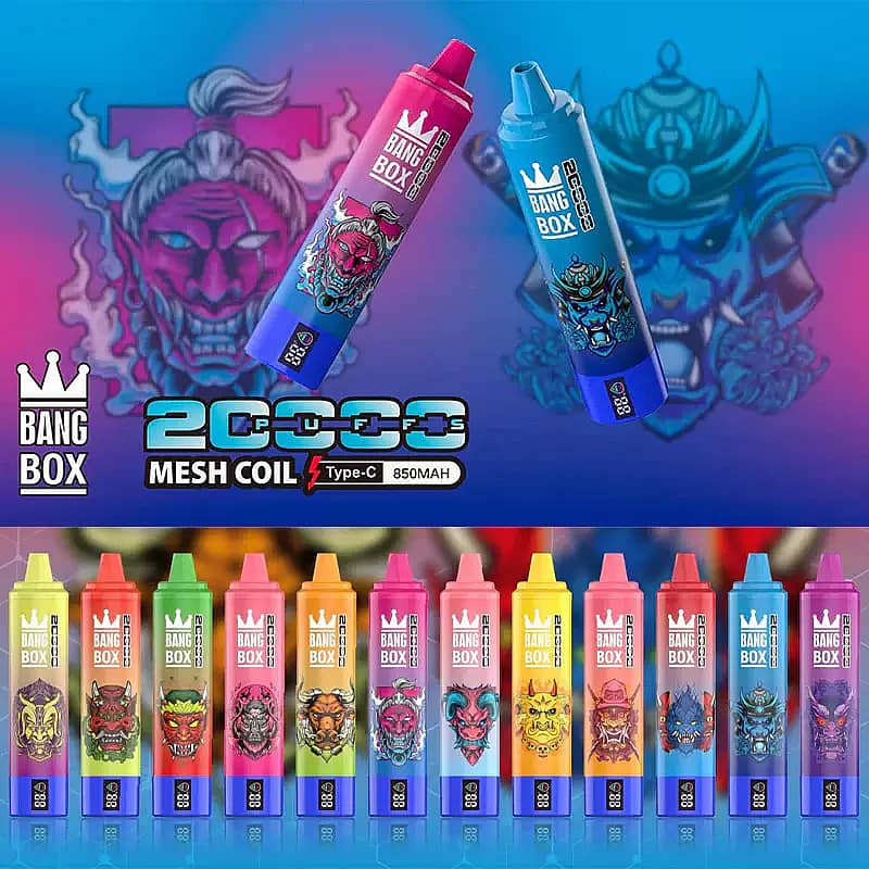 Bang Box 20K disposable vape lineup image with 20000 puffs, mesh coil technology, Type-C charging, 850mAh battery, and a full range of colorful flavor options