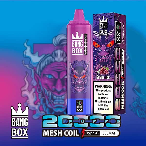 Bang Box 20K disposable vape in Grape Ice flavor with 20000 puffs, mesh coil, Type-C charging, and 850mAh battery