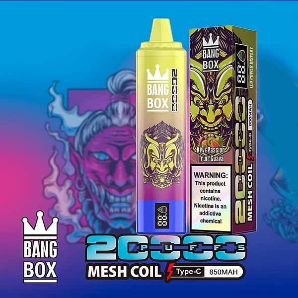 Bang Box 20K disposable vape in Kiwi Passion Fruit Guava flavor with 20000 puffs, mesh coil, Type-C charging, and 850mAh battery