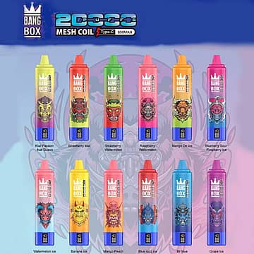 Bang Box 20K disposable vape flavor lineup main picture with 20000 puffs, mesh coil, Type-C charging, 850mAh battery, and multiple premium flavor options