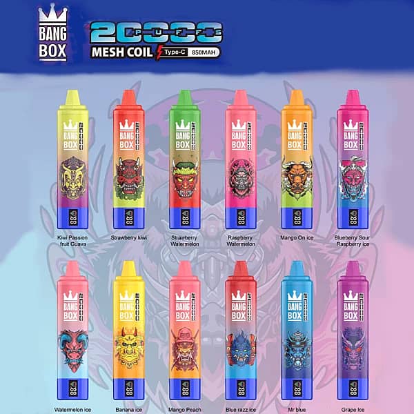 Bang Box 20K disposable vape flavor lineup main picture with 20000 puffs, mesh coil, Type-C charging, 850mAh battery, and multiple premium flavor options