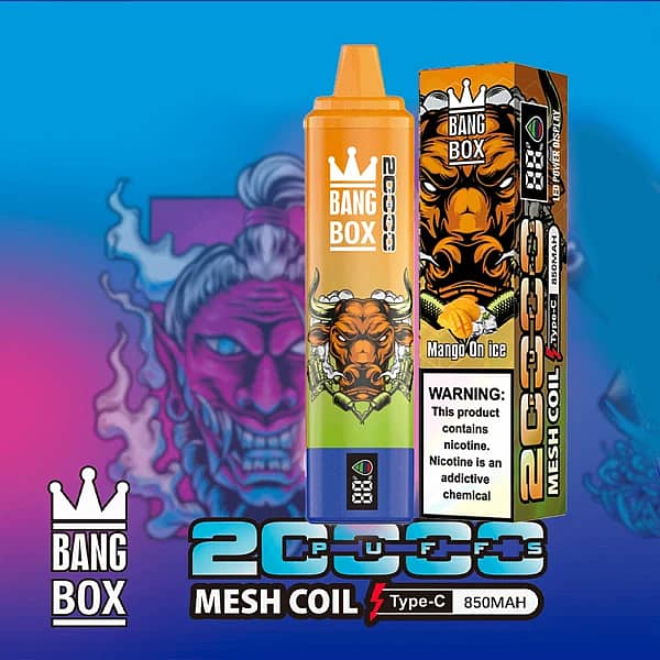 Bang Box 20K disposable vape in Mango On Ice flavor with 20000 puffs, mesh coil, Type-C charging, and 850mAh battery