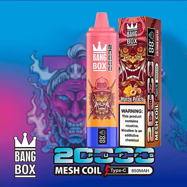 Bang Box 20K disposable vape in Mango Peach flavor with 20000 puffs, mesh coil, Type-C charging, and 850mAh battery