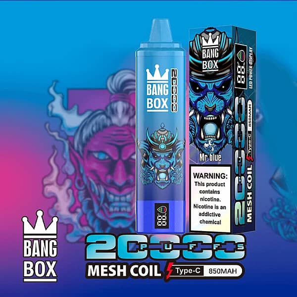 Bang Box 20K disposable vape in Mr Blue flavor with 20000 puffs, mesh coil, Type-C charging, and 850mAh battery