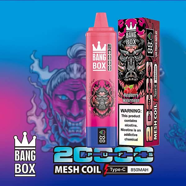 Bang Box 20K disposable vape in Raspberry Watermelon flavor with 20000 puffs, mesh coil, Type-C charging, and 850mAh battery