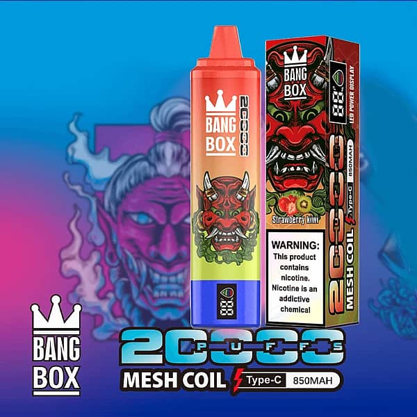 Bang Box 20K disposable vape in Strawberry Kiwi flavor with 20000 puffs, mesh coil, Type-C charging, and 850mAh battery