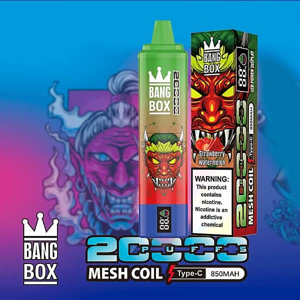 Bang Box 20K disposable vape in Strawberry Watermelon flavor with 20000 puffs, mesh coil, Type-C charging, and 850mAh battery