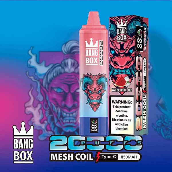 Bang Box 20K disposable vape in Watermelon Ice flavor with 20000 puffs, mesh coil, Type-C charging, and 850mAh battery