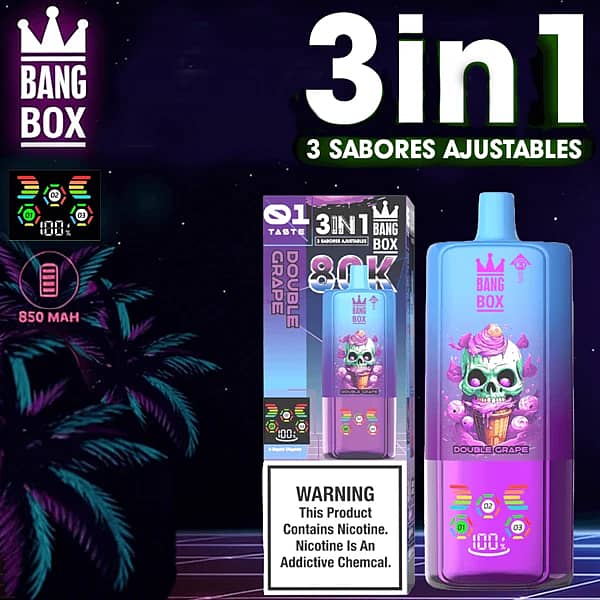Jednorazowy vape Bang Box 80K 3 w 1 w smakach Double Grape, Strawberry Mango i Blueberry Sour Raspberry Ice z 80000 zaciągnięciami, baterią 850 mAh, regulowanym przełączaniem smaków i inteligentnym wyświetlaczem.