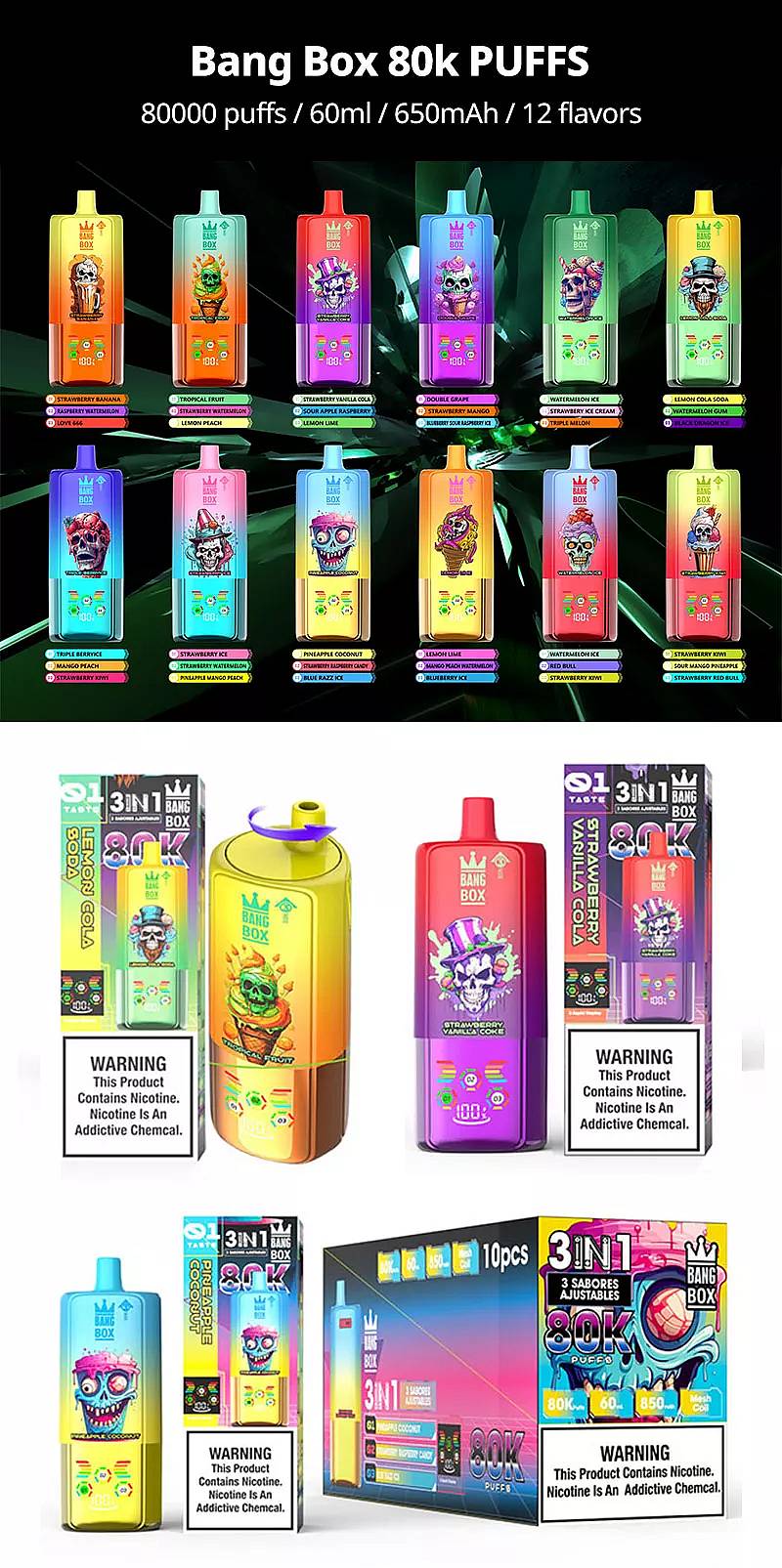 Bang Box 80K jednorazowe vape z 80000 zaciągnięciami, pojemnością 60 ml, baterią 650 mAh, 12 smakami, regulowanym przełączaniem smaków 3 w 1 i kolorową gamą produktów