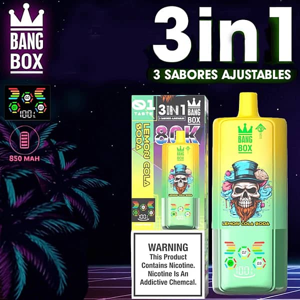 Jednorazowy vape Bang Box 80K 3 w 1 w smakach Lemon Cola Soda, Watermelon Gum i Black Dragon Ice z 80000 zaciągnięciami, baterią 850 mAh, regulowanym przełączaniem smaków i inteligentnym wyświetlaczem.