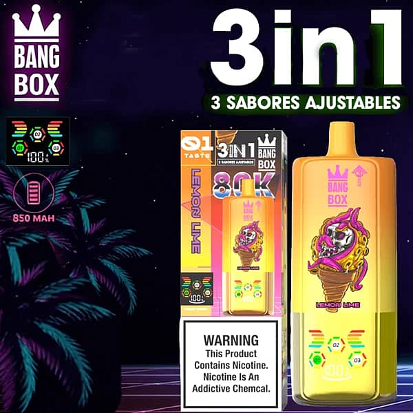 Jednorazowy vape Bang Box 80K 3 w 1 w smakach Lemon Lime, Mango Peach Watermelon i Blueberry Ice z 80000 zaciągnięciami, baterią 850 mAh, regulowanym przełączaniem smaków i inteligentnym wyświetlaczem.