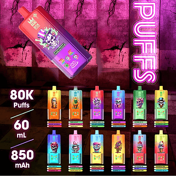Bang Box 80K disposable vape main picture with 80000 puffs, 60mL e-liquid capacity, 850mAh rechargeable battery, and a colorful multi-flavor lineup