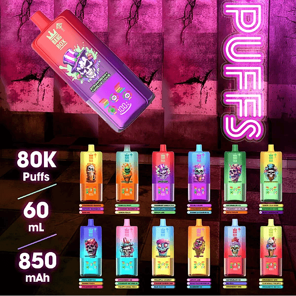 Bang Box 80K to jednorazowy vape z 80000 zaciągnięciami, pojemnością 60 ml e-liquidu, akumulatorem 850 mAh i kolorową gamą wielu smaków.
