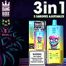Jednorazowy vape Bang Box 80K 3 w 1 w smakach Pineapple Coconut, Strawberry Ice i Blue Razz Ice z 80000 zaciągnięciami, baterią 850 mAh, regulowanym przełączaniem smaków i inteligentnym wyświetlaczem.