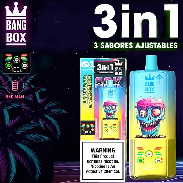 Jednorazowy vape Bang Box 80K 3 w 1 w smakach Pineapple Coconut, Strawberry Ice i Blue Razz Ice z 80000 zaciągnięciami, baterią 850 mAh, regulowanym przełączaniem smaków i inteligentnym wyświetlaczem.