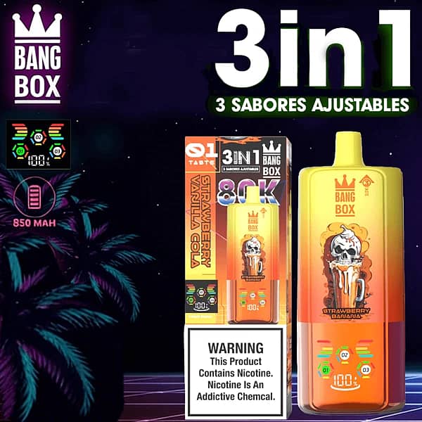 Jednorazowy vape Bang Box 80K 3 w 1 o smaku Strawberry Vanilla Cola z 80000 zaciągnięciami, baterią 850 mAh, regulowanym przełączaniem smaków i inteligentnym wyświetlaczem.