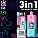 Jednorazowy vape Bang Box 80K 3 w 1 w smakach Strawberry Ice, Strawberry Watermelon i Pineapple Mango Peach z 80000 zaciągnięciami, baterią 850 mAh, regulowanym przełączaniem smaków i inteligentnym wyświetlaczem.