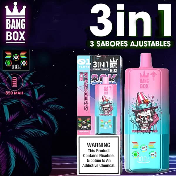 Jednorazowy vape Bang Box 80K 3 w 1 w smakach Strawberry Ice, Strawberry Watermelon i Pineapple Mango Peach z 80000 zaciągnięciami, baterią 850 mAh, regulowanym przełączaniem smaków i inteligentnym wyświetlaczem.