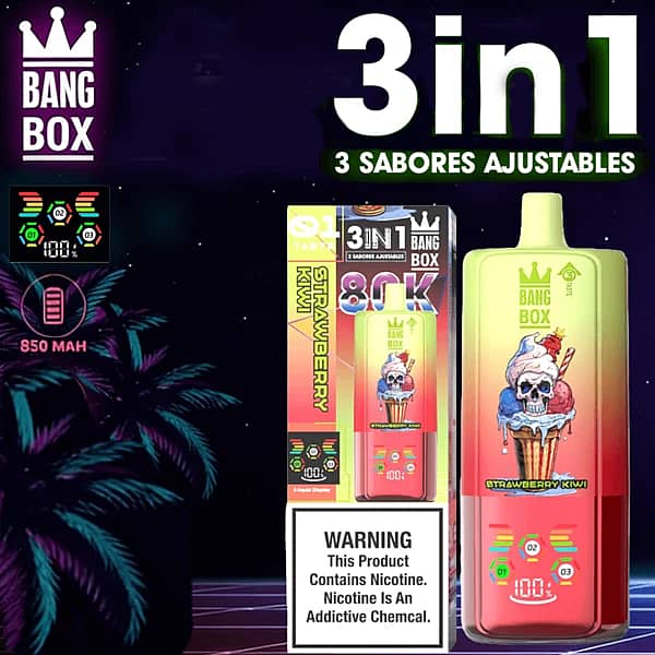 Jednorazowy vape Bang Box 80K 3 w 1 w smakach Strawberry Kiwi, Sour Mango Pineapple i Strawberry Red Bull z 80000 zaciągnięciami, baterią 850 mAh, regulowanym przełączaniem smaków i inteligentnym wyświetlaczem.
