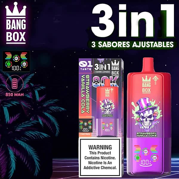 Jednorazowy vape Bang Box 80K 3 w 1 w smakach Strawberry Vanilla Cola, Sour Apple Raspberry i Lemon Lime z 80000 zaciągnięciami, baterią 850 mAh, regulowanym przełączaniem smaków i inteligentnym wyświetlaczem.