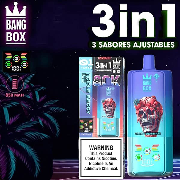 Jednorazowy vape Bang Box 80K 3 w 1 w smakach Triple Berry Ice, Mango Peach i Strawberry Kiwi z 80000 zaciągnięciami, baterią 850 mAh, regulowanym przełączaniem smaków i inteligentnym wyświetlaczem.