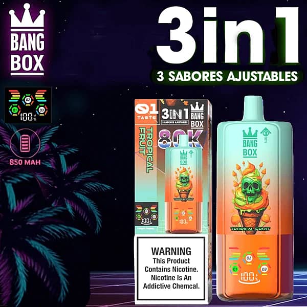 Jednorazowy vape Bang Box 80K 3 w 1 w smakach Tropical Fruit, Strawberry Watermelon i Lemon Peach z 80000 zaciągnięciami, baterią 850 mAh, regulowanym przełączaniem smaków i inteligentnym wyświetlaczem.
