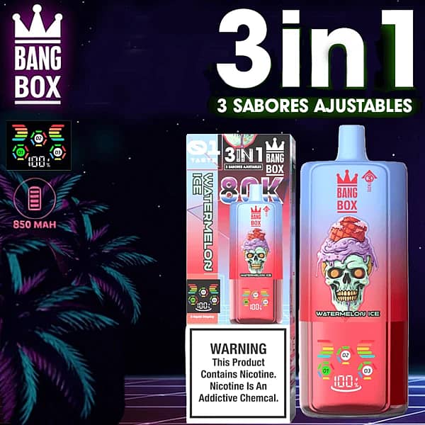 Jednorazowy vape Bang Box 80K 3 w 1 w smakach Watermelon Ice, Red Bull i Strawberry Kiwi z 80000 zaciągnięciami, baterią 850 mAh, regulowanym przełączaniem smaków i inteligentnym wyświetlaczem.