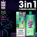 Jednorazowy vape Bang Box 80K 3 w 1 w smakach Watermelon Ice, Strawberry Ice Cream i Triple Melon z 80000 zaciągnięciami, baterią 850 mAh, regulowanym przełączaniem smaków i inteligentnym wyświetlaczem.