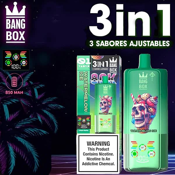 Jednorazowy vape Bang Box 80K 3 w 1 w smakach Watermelon Ice, Strawberry Ice Cream i Triple Melon z 80000 zaciągnięciami, baterią 850 mAh, regulowanym przełączaniem smaków i inteligentnym wyświetlaczem.