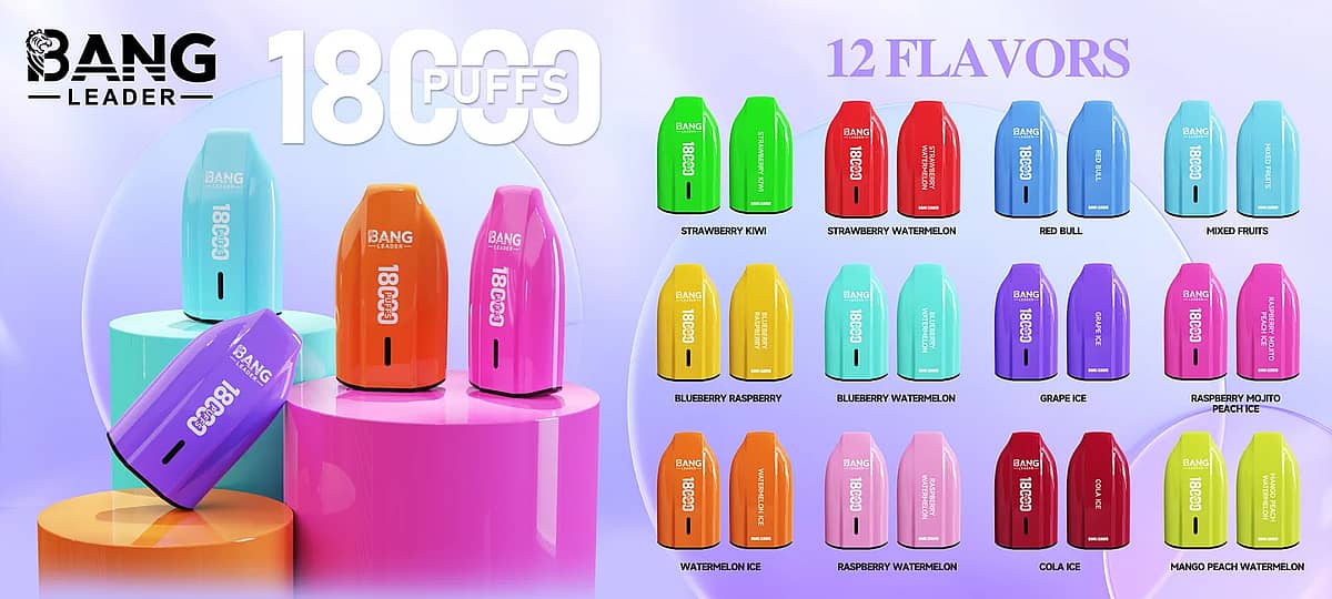 Bang Leader 18K disposable vape flavor lineup image with 18000 puffs, compact colorful devices, and 12 popular flavor options