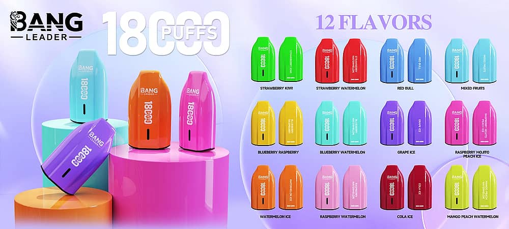 Bang Leader 18K Flavors List Bang Leader 18K Disposable Vape Flavor Lineup Image With 18000 Puffs, Compact Colorful Devices, And 12 Popular Flavor Options