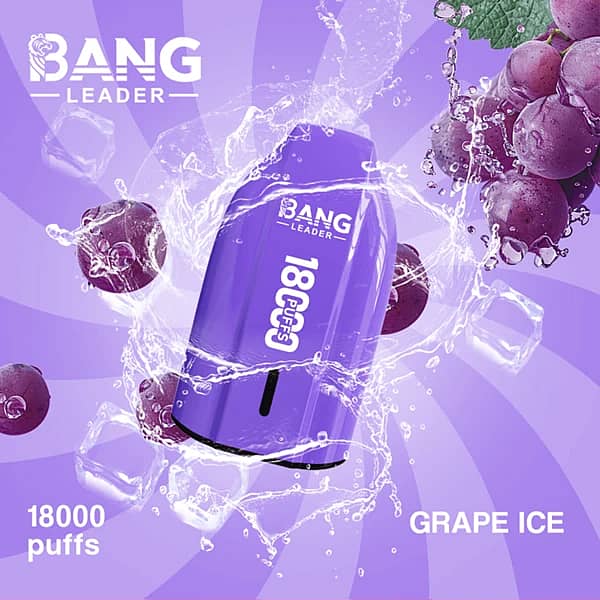 Bang Leader 18K disposable vape in Grape Ice flavor with 18000 puffs, compact portable design, and smooth all-day performance