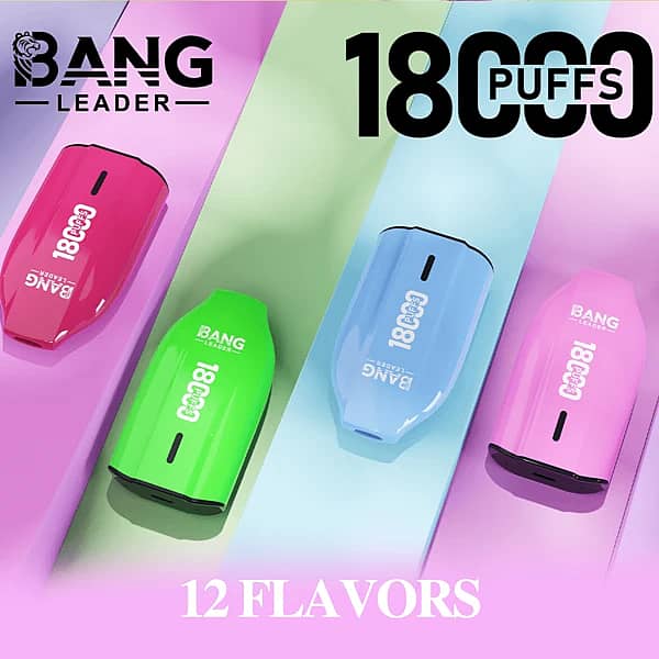 Bang Leader 18K disposable vape main picture with 18000 puffs, compact colorful design, and 12 flavor options