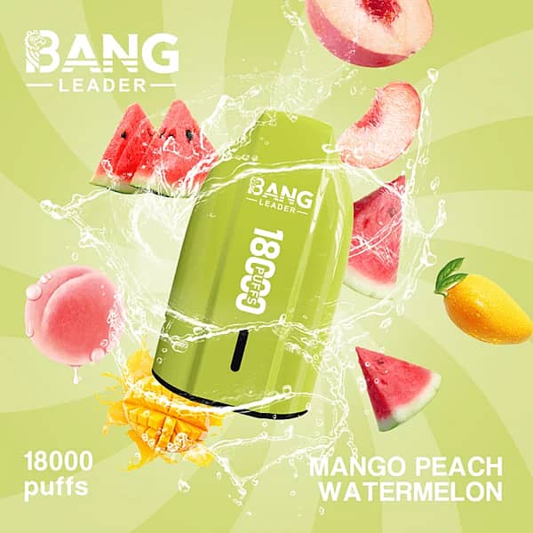 Bang Leader 18K disposable vape in Mango Peach Watermelon flavor with 18000 puffs, compact portable design, and smooth all-day performance
