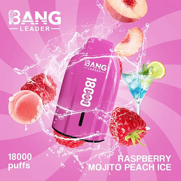 Bang Leader 18K disposable vape in Raspberry Mojito Peach Ice flavor with 18000 puffs, compact portable design, and smooth all-day performance