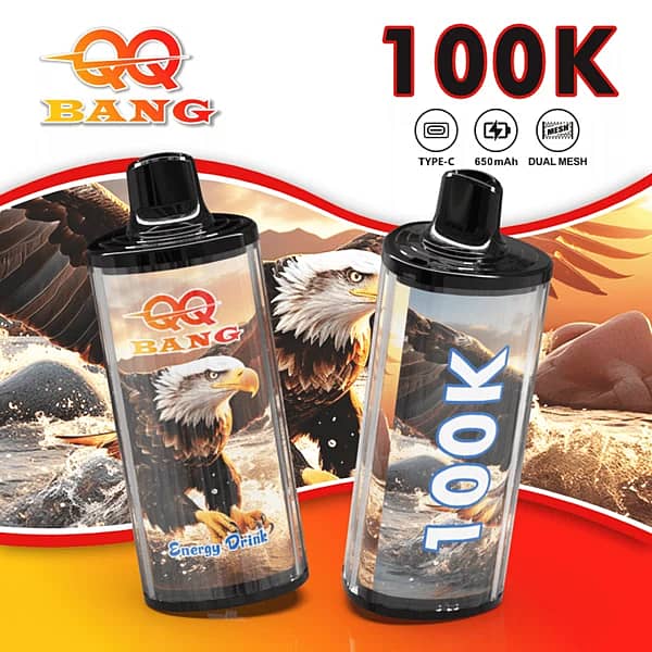 QQ Bang 100K disposable vape in Energy Drink flavor with 100000 puffs, Type-C charging, 650mAh battery, and dual mesh coil