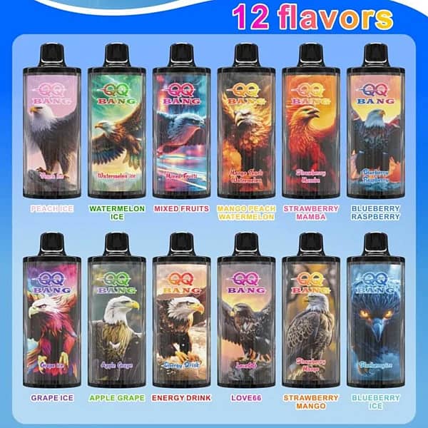 QQ Bang 100K flavors list image showing 12 disposable vape options, including Peach Ice, Watermelon Ice, Mixed Fruits, Mango Peach Watermelon, Strawberry Mamba, Blueberry Raspberry, Grape Ice, Apple Grape, Energy Drink, Love 66, Strawberry Mango, and Blueberry Ice