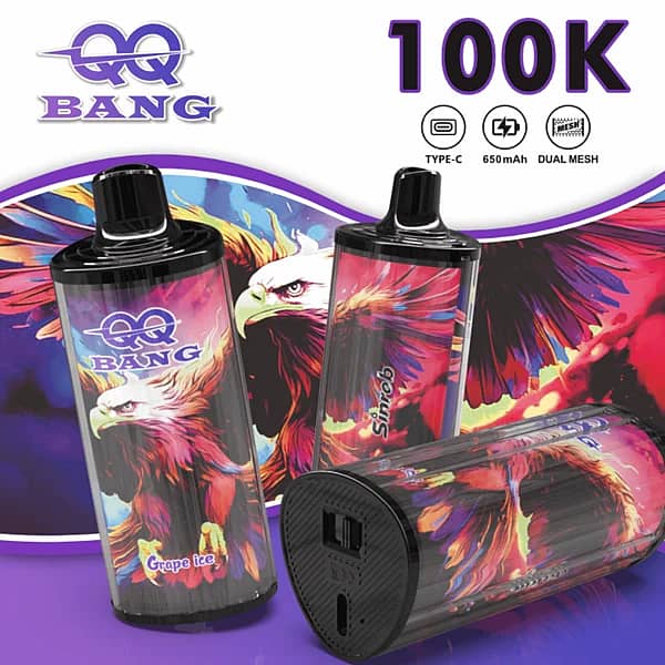 QQ Bang 100K disposable vape in Grape Ice flavor with 100000 puffs, Type-C charging, 650mAh battery, and dual mesh coil